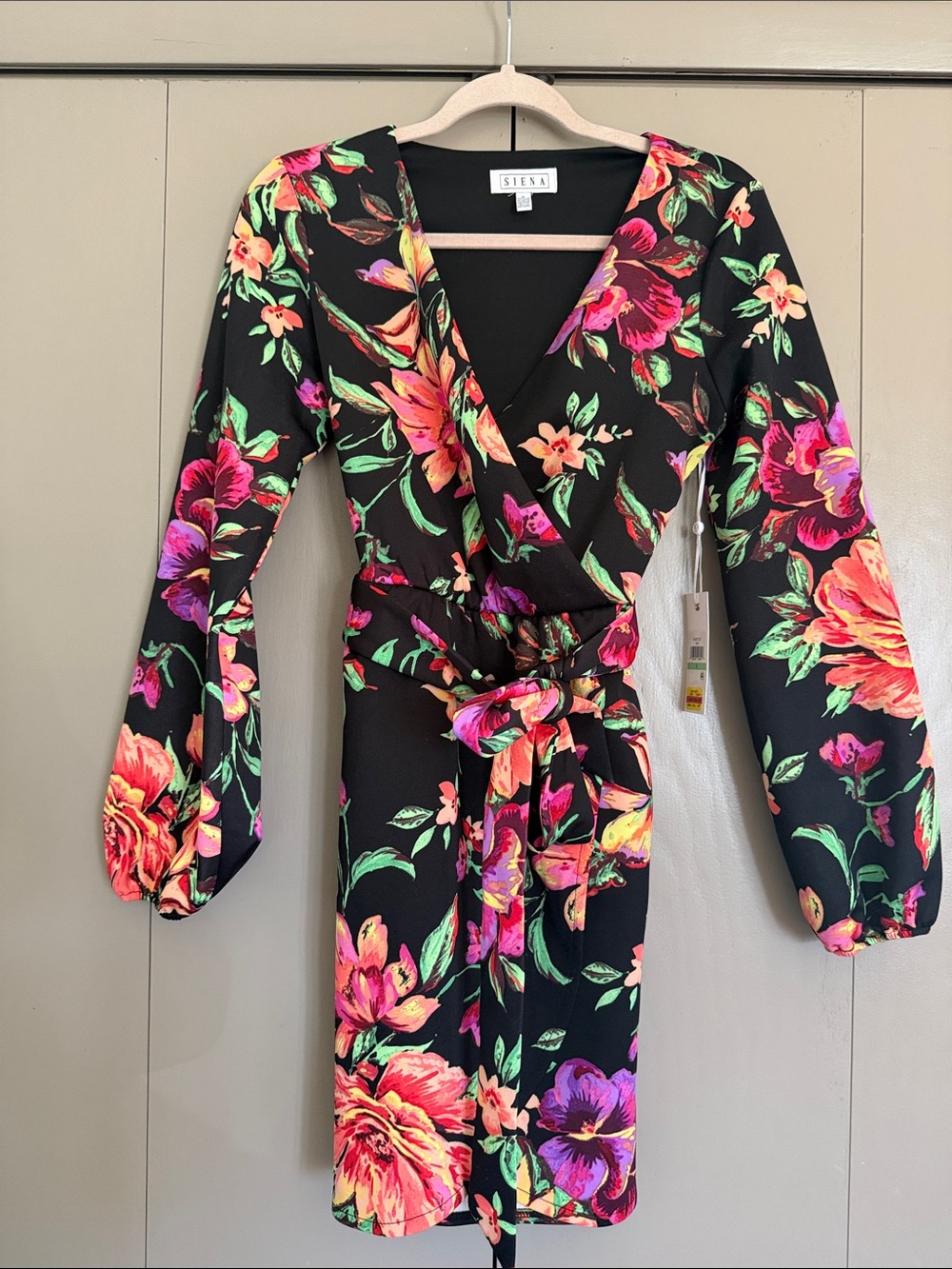 Floral Wrap Mini Dress - Black with Vibrant Floral Print